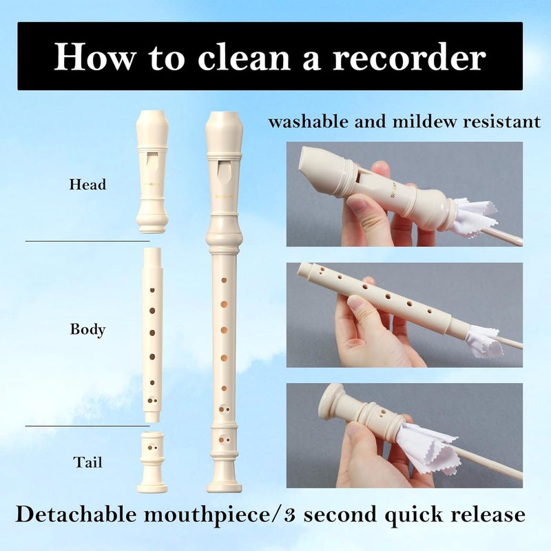 SDREAM Soprano Recorder Instrument for Kids Beginners&Student,8 Hole German Fingering Recorder Flute with Cleaning Rod & Leather Bag (White) - Image 4